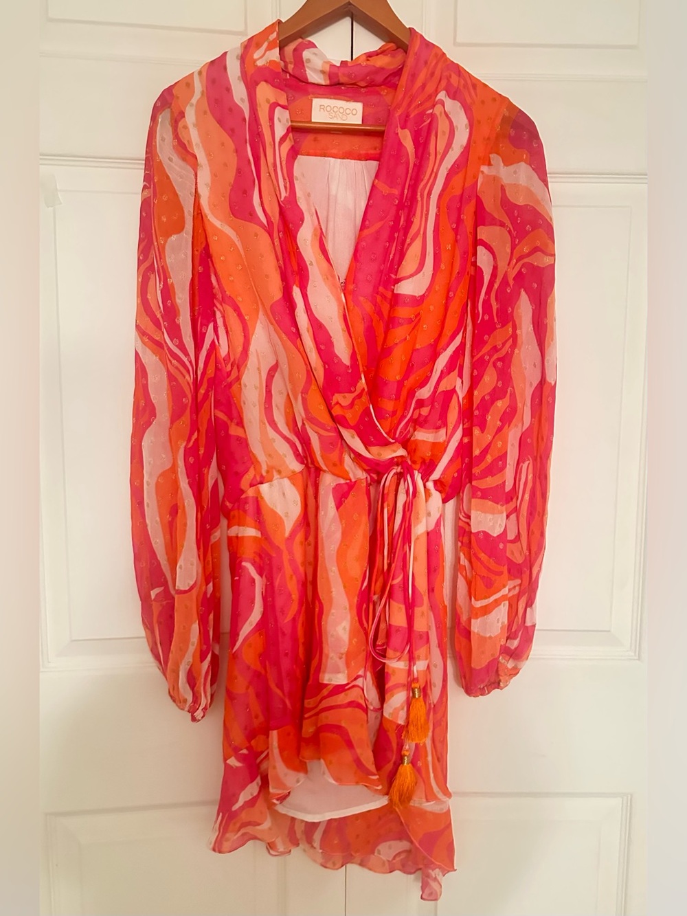 Rococo Sand Pink and Orange Swirl Wrap Dress